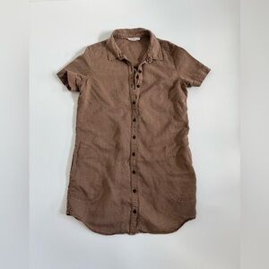 Lucky Brand Linen Lyocell Button Front Shirt Dress Brown Short Sleeve Pockets